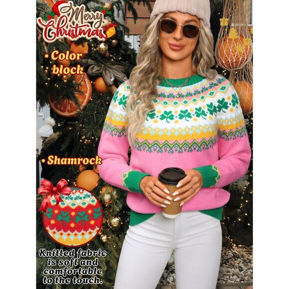 Womens Fair Isle Christmas Sweater Lucky Clover Pattern Chunky Knit Holiday Pull - Picture 2 of 7
